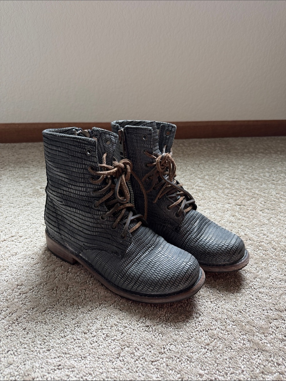 Freebird by Steven Charcoal Textured Lace-Up Ankle Boots with Brown Laces